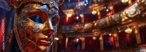 A closeup of an ornate Venetian mask on display in front, with theater masks hanging behind it and stage curtains behind that form the background. Carnival mask festival.