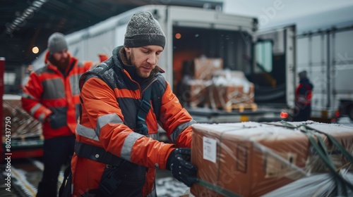 workers carefully packaging and labeling cargo for international shipping by cargo plane, amidst the natural backdrop of an airport cargo terminal