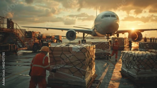 workers carefully packaging and labeling cargo for international shipping by cargo plane, amidst the natural backdrop of an airport cargo terminal