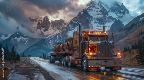 Gold heavy hauler on a mountain pass, carrying oversized loads, copy space for text