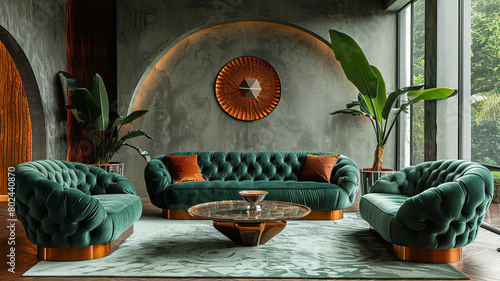 A velvet tufted sofa chair in deep emerald green, adding opulence and drama to a glamorous Hollywood-inspired lounge.