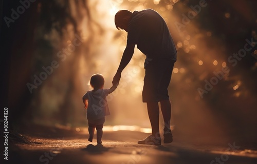 A loving father walking down the street with his little baby. Capture the moment of a father gently supporting his toddler's first steps bathed in soft back light. father-child bond. A young father