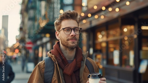 A hipster is strolling down the street and having his takeaway coffee.