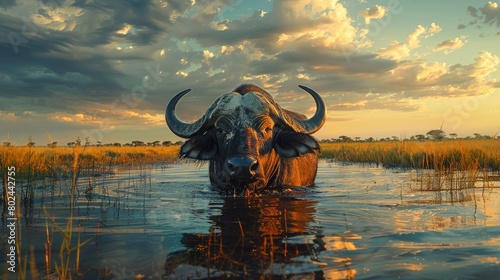 Buffalo submerged in serene water