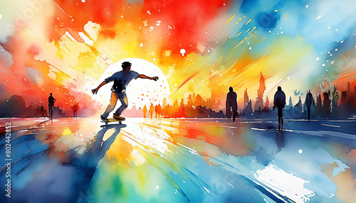 A vibrant watercolor painting of a skateboarder in motion against a colorful sunset backdrop