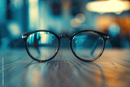 Modern eyeglasses on blurred background