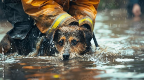 Drowned dog being rescued by firefighter in floodwaters. Action shot with shallow depth of field. Emergency and disaster response concept for banner, poster
