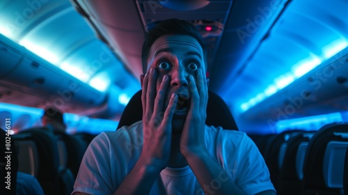 flying anxiety, fear on a plane concept. A person with a shocked expression, covering their face with their hands, seated in an airplane cabin illuminated by blue lighting, with the curved ceiling