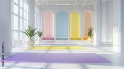 Minimalist modern sports room with pastel colored yoga mats in yellow, purple pink, blue