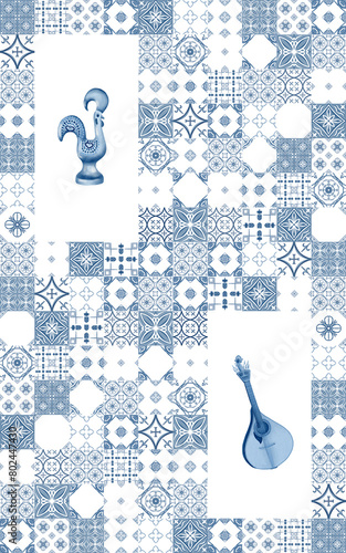 Seamless pattern with azulejo traditional portuguese ornament and simbols in watercolor.Square ceramic tiles in monochrome blue colors. For textiles,towels,napkins,aprons,on wallpaper,packaging,cards