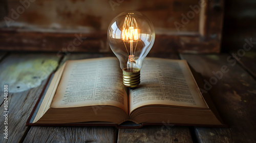 Light bulb on the open book, Idea, Innovation, Knowledge, Reading, Education and Light bulb concept 