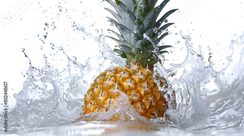 Fruit isolated Pineapple tropical fruit or ananas with water splashes healthy tropical fruit Dynamic Pineapple Dive into Crystal Clear Water fresh pineapple falling in water.