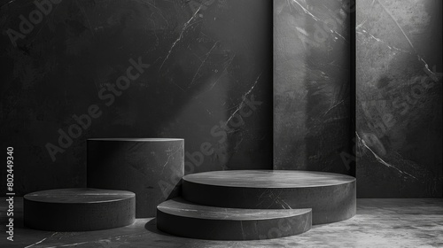 Tiered black podiums in a monochrome graphic background, providing a stark contrast for bold and striking product placements
