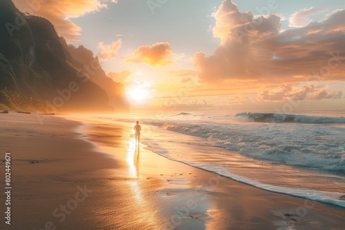 A solitary figure walks along a pristine beach, bathed in the golden glow of sunrise, with dramatic cliffs and a vibrant sky in the background