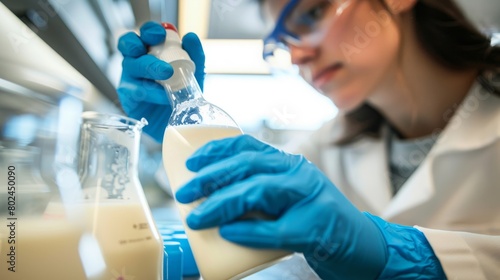 Food scientist testing milk samples of dairy products in the laboratory. Researchers are looking at the stratification of milk.