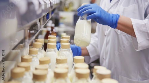 Food scientist testing milk samples of dairy products in the laboratory. Researchers are looking at the stratification of milk.