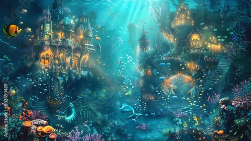 a digital drawing of a fantastical underwater kingdom inhabited by mermaids and sea creatures