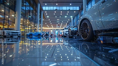 Empty car dealership showroom with new models on display, highlighting luxury and automotive design