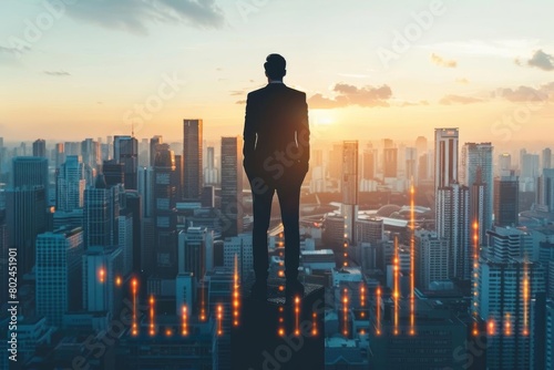 Businessman standing on the summit of a graphical chart, illustrating growth and success in his career