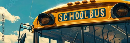cropped front view of a school bus with text school bus, with cloudy sky background
