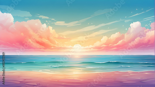 A beautiful pastel-colored sunset casts a serene glow over a calm ocean, with fluffy clouds scattered across the sky