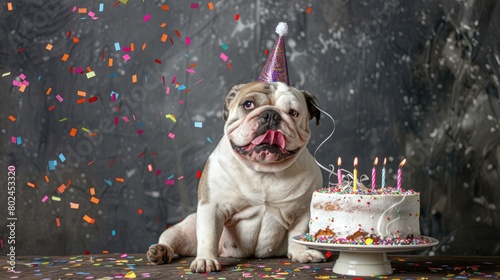 a jubilant dog dons a birthday hat, seated before a cake adorned with candles, set against a light blue backdrop with pink confetti swirling in the air.