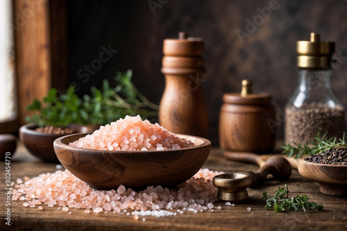 Rustic Gourmet Himalayan Pink Salt and Spices on Wooden Background.