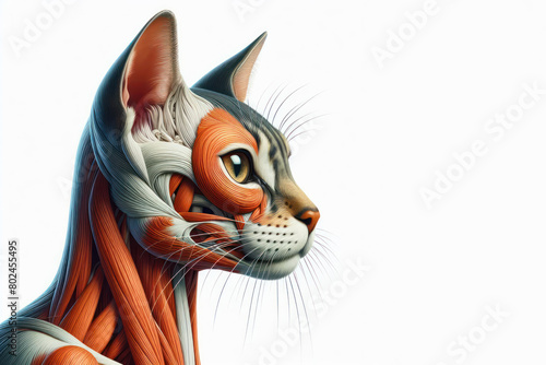 cat anatomy showing body and head, face with muscular system visible isolated on solid white background