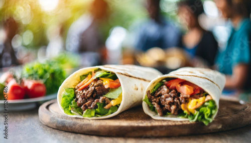 Blurry crowd enjoys burritos wraps filled with beef and veggies