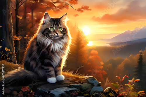 Sunset, forest and Norwegian forest cat Generative AI