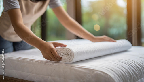hands neatly tucking white fitted sheet onto bed mattress, illuminated by soft backlight
