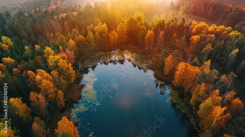 4️⃣ Aerial view of a lake and forest in autumn at sunset