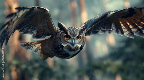 A dynamic photo of an owl in flight, with wings spread wide and eyes focused on its prey