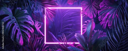 abstract neon purple square frame surrounded by tropical leaves on dark background