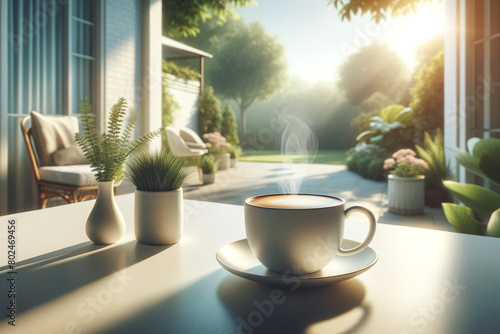 A cup of hot cappuccino coffee on a white table on an open terrace in the garden on a sunny day