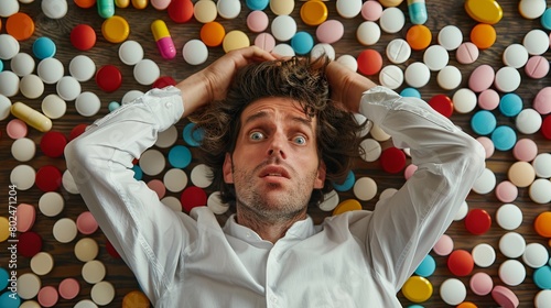 A man with a crazy look is lying on the ground surrounded by many huge different colored pills. An overabundance of drugs. The concept of complexity of treatment. Top view. Illustration for design.