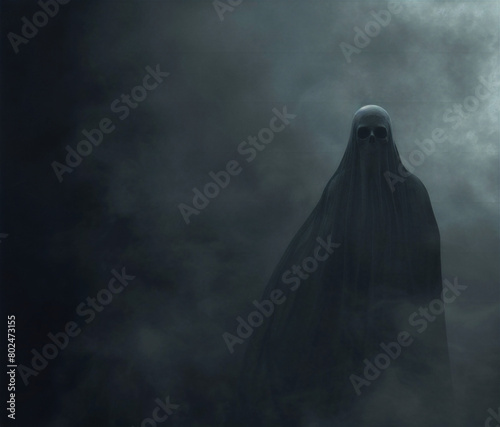 A ghostly creepy scary haunting figure with an ominous ethereal presence, shrouded in mist and surrounded by darkness. space for text