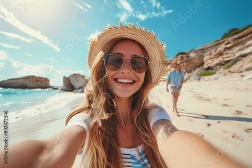 Handsome young woman taking selfie picture at beach summer vacation - Smiling guy having fun walking outside - Summertime holidays and technology concept