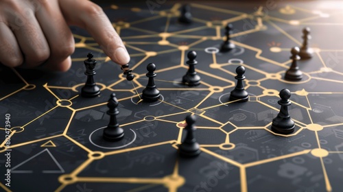 A hand moving black pawns on an abstract chessboard with network connections and nodes,