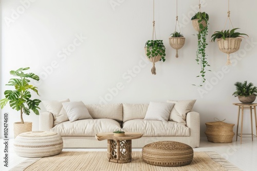 Beige sofa and coffee table near the wall with hanging planters, wooden decorations