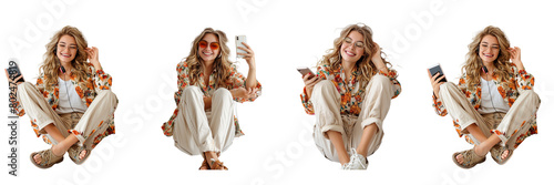 Set of A wide angle shot of a young woman laughing sitting on the floor, with her cell phone on a transparent background