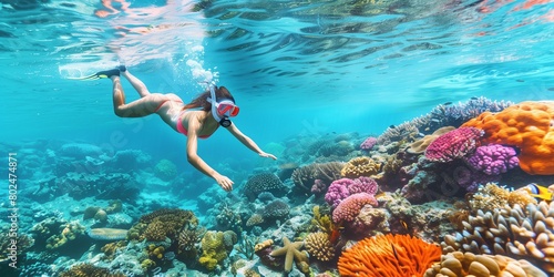woman snorkeling, swimming underwater, pristine white sand under tropical sea clear blue, admiring Colorful coral reef, underwater and examining the seabed, snorkeling amongst many exotic fish