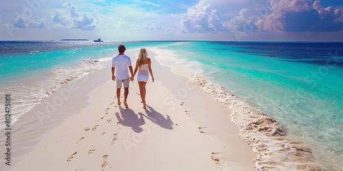 young couple walking on white sand beach on paradise island
