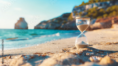 Hourglass on sandy beach with ocean and rocky cliffs in background symbolizing fleeting nature of time. Sunlight glimmers on sea enhancing serene setting