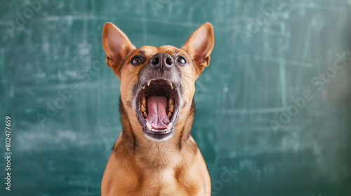 Dog with open mouth and bared teeth in front of chalkboard displaying vocal and expressive behavior. This image captures dynamic and humorous contrast between education and animal instinct