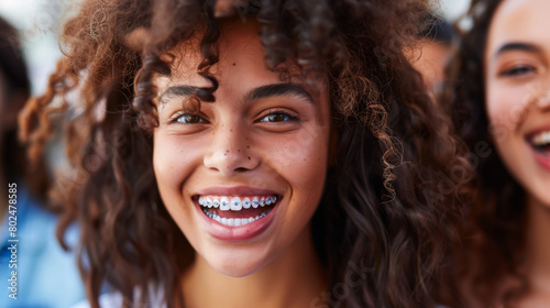Portrait of a young woman with braces on her teeth. Smiling woman posing while looking at the camera.