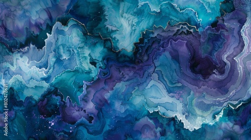 A watercolor painting inspired by geodes with delicate swirling strokes of teal purple and midnight blue..