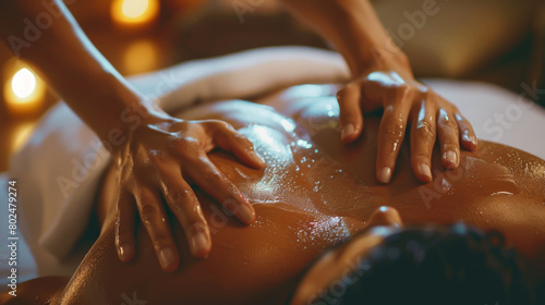 Close-up of a person having a massage in a spa salon at a luxury resort. The hands of a massage therapist massage the client's back. Relaxation concept.