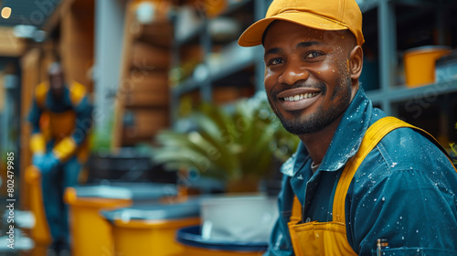 Portrait of a young African American man in a bright uniform working in the yard. Professional janitors work in the courtyard of a house. Ecology concept.