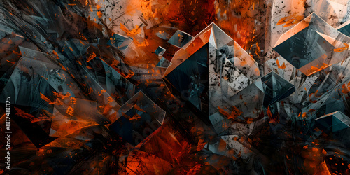 A photo of a complex abstract background with bold, angular geometric shapes in high contrast colors, creating a dramatic visual impact